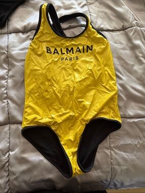 Balmain Yellow and Black Logo One-Piece Swimsuit